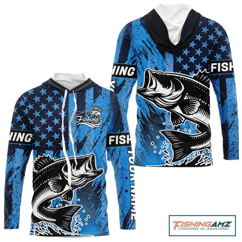 Bass Fishing American Camo Custom Name UV Protection Long Sleeves Shirt, Bass Fishing Jersey NHT530