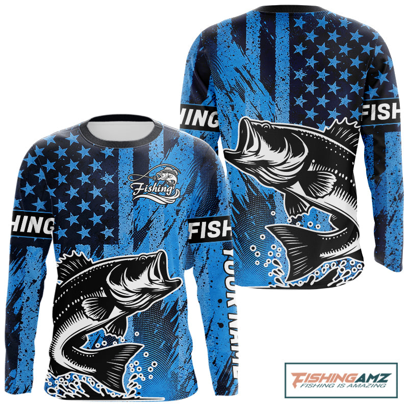 Bass Fishing American Camo Custom Name UV Protection Long Sleeves Shirt, Bass Fishing Jersey NHT530