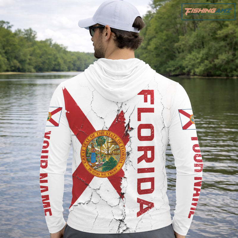 Florida Fishing Shirt Patriotic Florida Flag Long Sleeve Hooded UV Protection Fishing Jersey