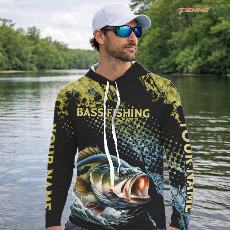 Bass Fishing Shirts Long Sleeve Hooded UPF Sport Style Personalized Name, Team Name NHT401