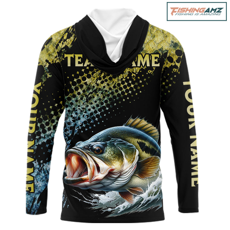 Bass Fishing Shirts Long Sleeve Hooded UPF Sport Style Personalized Name, Team Name NHT401