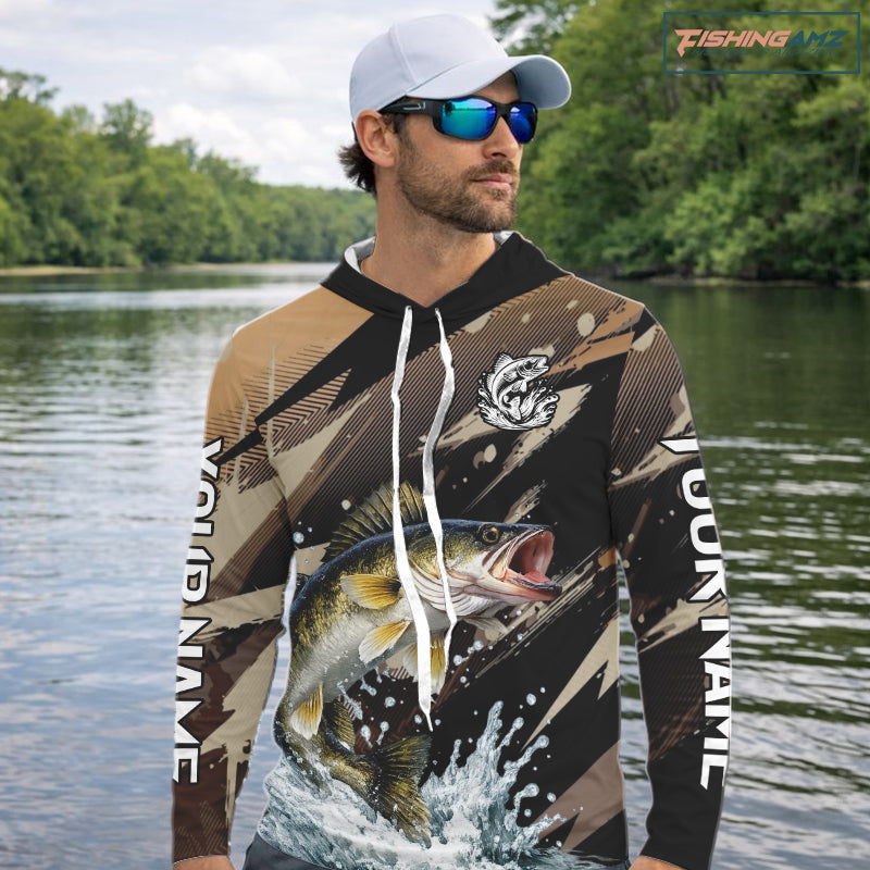 Brown Camo Walleye Fishing Shirts Long Sleeve Hooded, Custom Walleye Performance Fishing Apparel NHT459