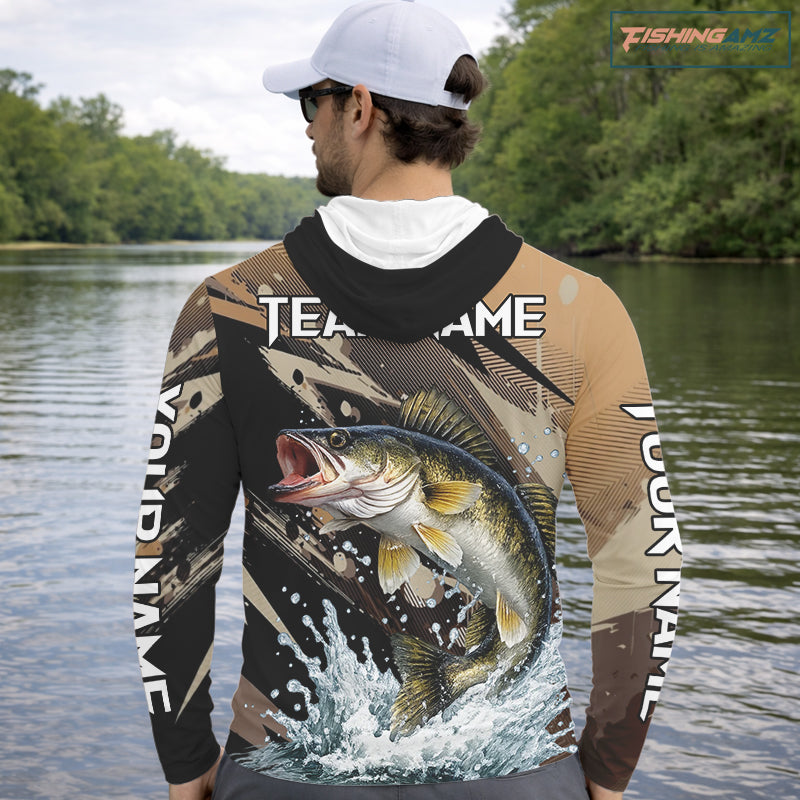 Brown Camo Walleye Fishing Shirts Long Sleeve Hooded, Custom Walleye Performance Fishing Apparel NHT459