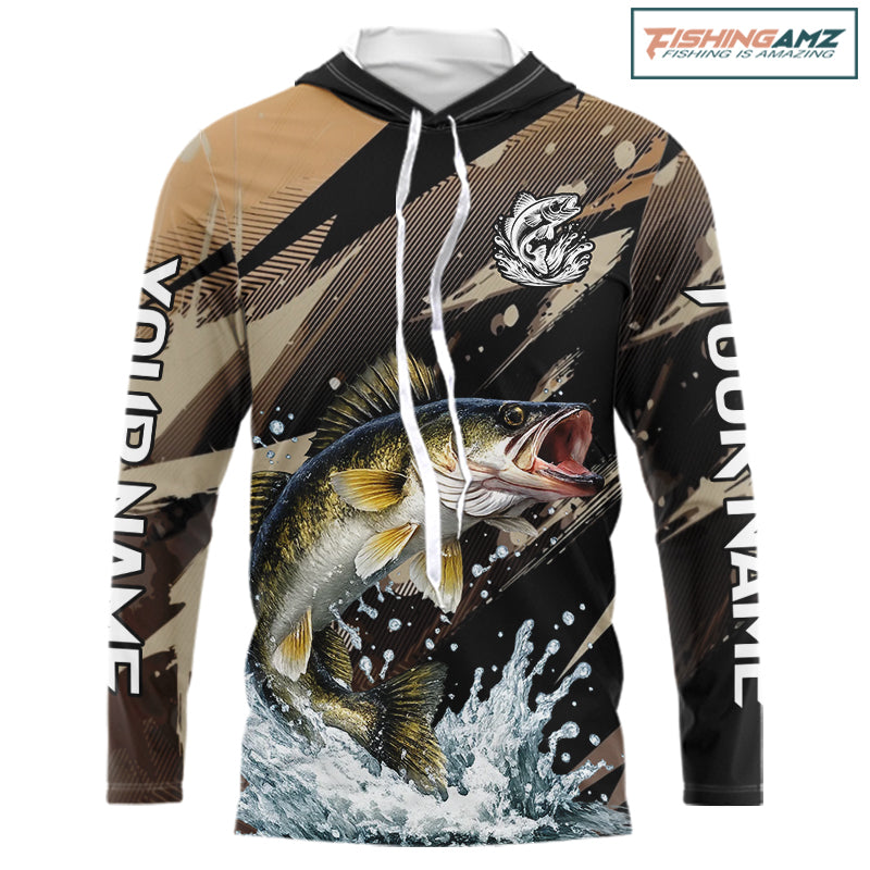 Brown Camo Walleye Fishing Shirts Long Sleeve Hooded, Custom Walleye Performance Fishing Apparel NHT459