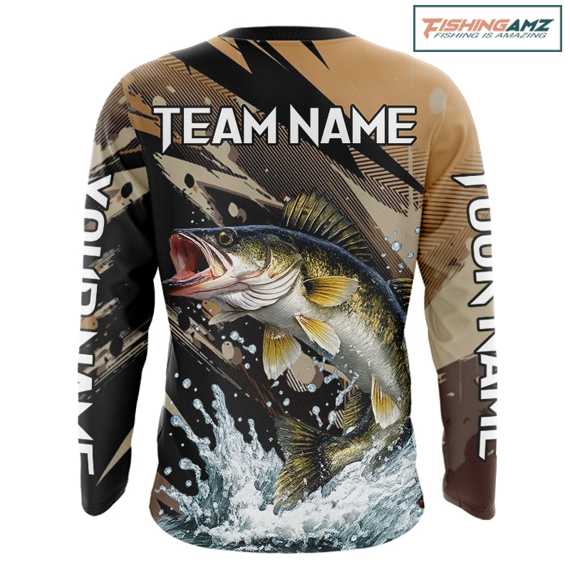 Brown Camo Walleye Fishing Shirts Long Sleeve, Custom Walleye Performance Fishing Apparel NHT459