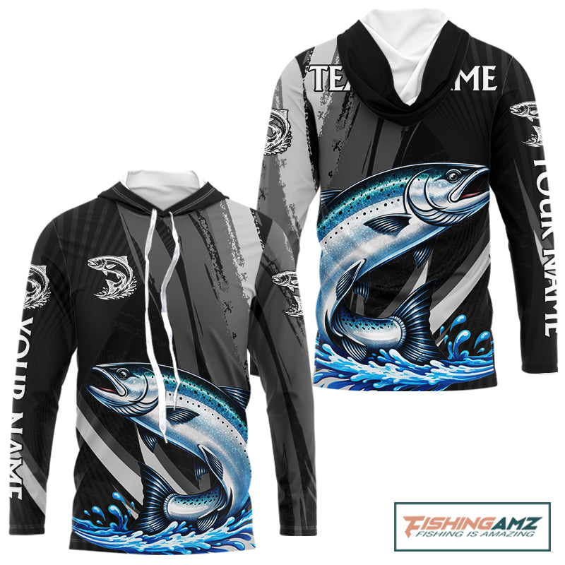 Personalized Black Camo Chinook Salmon Fishing Jerseys, Salmon Hooded Long Sleeve Fishing Shirts NHT463