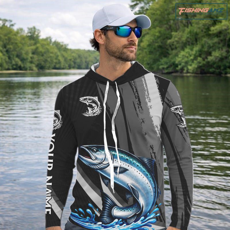 Personalized Black Camo Chinook Salmon Fishing Jerseys, Salmon Hooded Long Sleeve Fishing Shirts NHT463