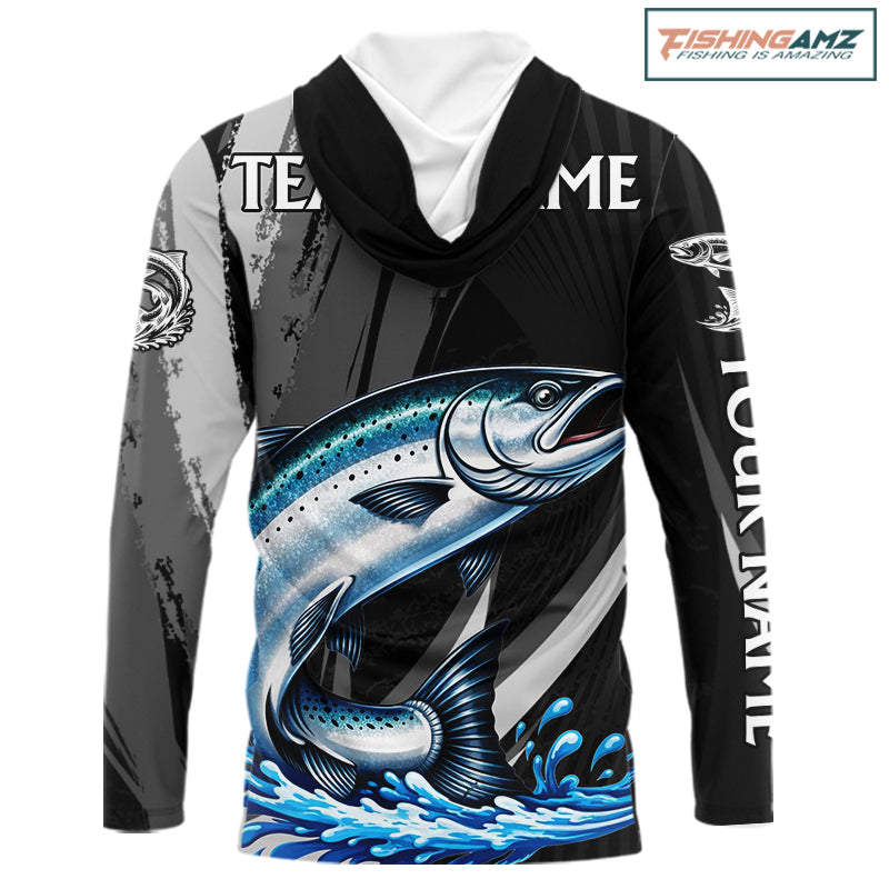 Personalized Black Camo Chinook Salmon Fishing Jerseys, Salmon Hooded Long Sleeve Fishing Shirts NHT463