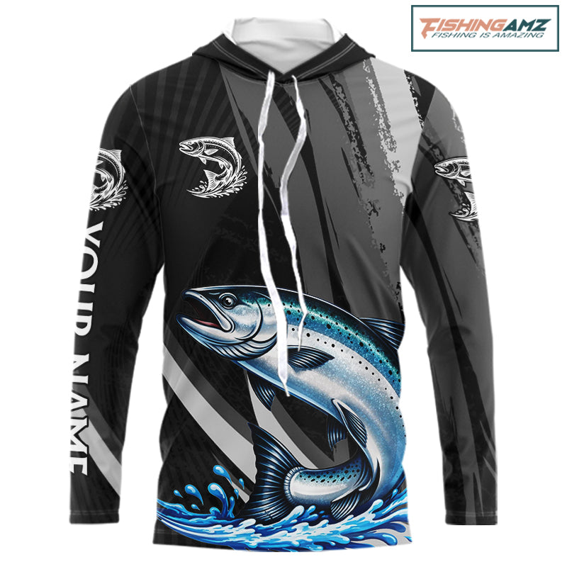 Personalized Black Camo Chinook Salmon Fishing Jerseys, Salmon Hooded Long Sleeve Fishing Shirts NHT463