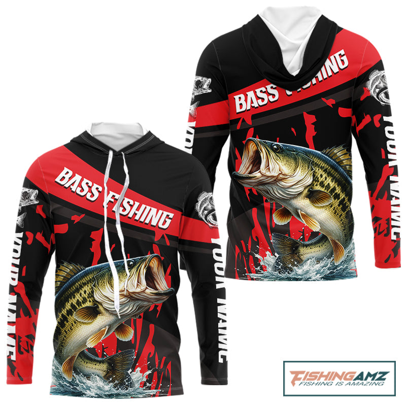 Custom Largemouth Bass Fishing Jerseys, Largemouth Bass Hooded Fishing Shirts Long Sleeve For Men|Red NHT725