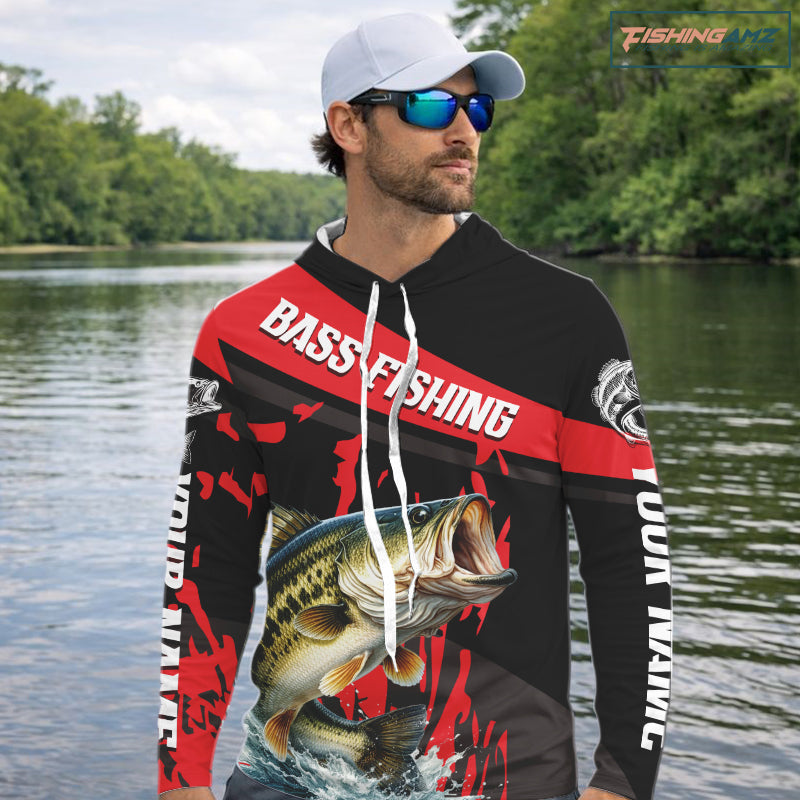 Custom Largemouth Bass Fishing Jerseys, Largemouth Bass Hooded Fishing Shirts Long Sleeve For Men|Red NHT725