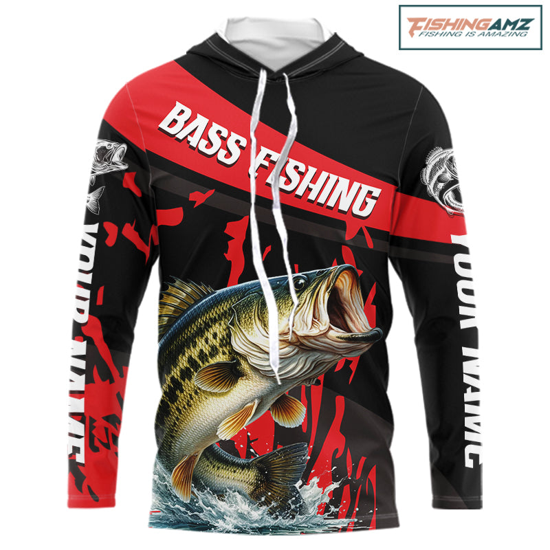Custom Largemouth Bass Fishing Jerseys, Largemouth Bass Hooded Fishing Shirts Long Sleeve For Men|Red NHT725