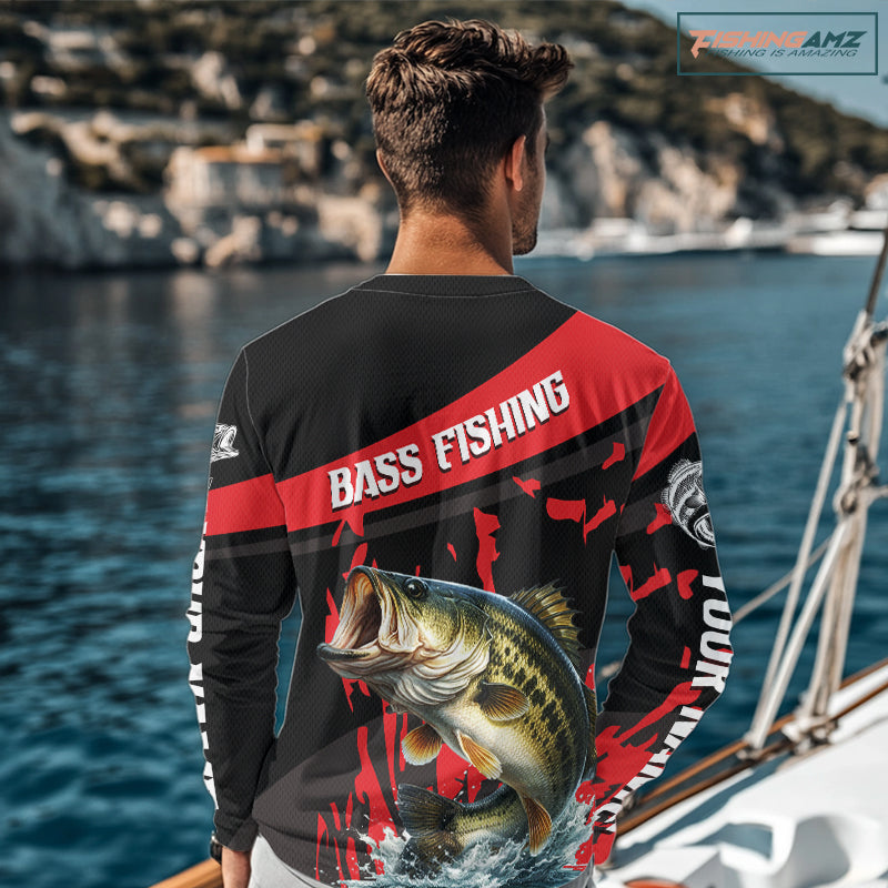 Custom Largemouth Bass Fishing Jerseys, Largemouth Bass Fishing Shirts Long Sleeve For Men|Red NHT725