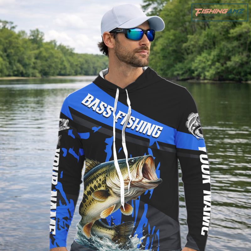 Custom Largemouth Bass Fishing Jerseys, Largemouth Bass Hooded Fishing Shirts Long Sleeve For Men|Blue NHT726