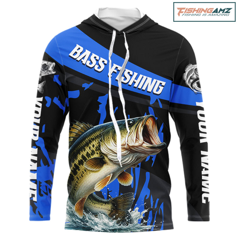 Custom Largemouth Bass Fishing Jerseys, Largemouth Bass Hooded Fishing Shirts Long Sleeve For Men|Blue NHT726