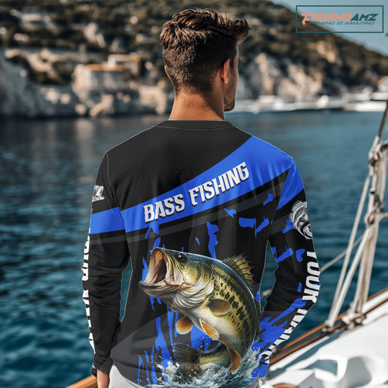 Custom Largemouth Bass Fishing Jerseys, Largemouth Bass Fishing Shirts Long Sleeve For Men|Blue NHT726