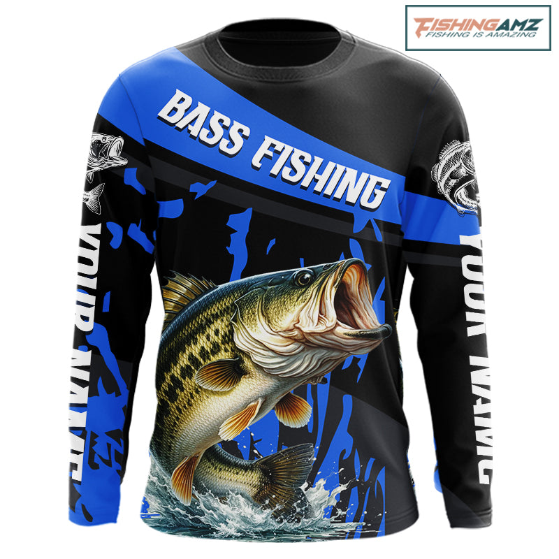 Custom Largemouth Bass Fishing Jerseys, Largemouth Bass Fishing Shirts Long Sleeve For Men|Blue NHT726