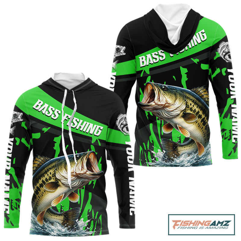 Custom Largemouth Bass Fishing Jerseys, Largemouth Bass Hooded Fishing Shirts Long Sleeve For Men|Green NHT727