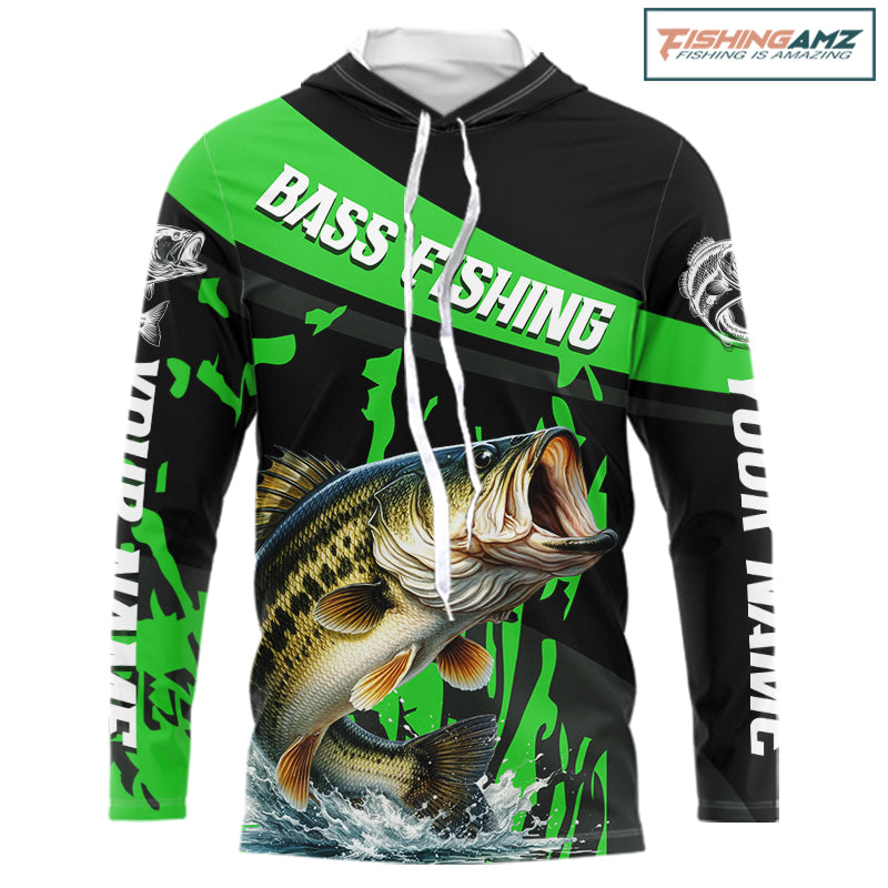 Custom Largemouth Bass Fishing Jerseys, Largemouth Bass Hooded Fishing Shirts Long Sleeve For Men|Green NHT727