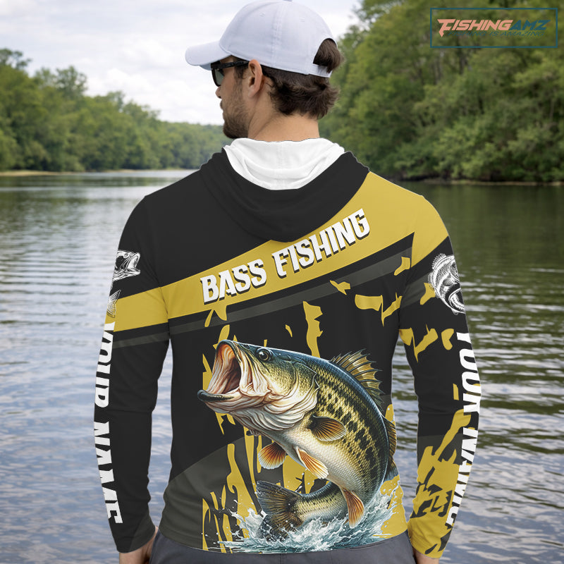 Custom Largemouth Bass Fishing Jerseys, Largemouth Bass Hooded Fishing Shirts Long Sleeve For Men|Yellow NHT728