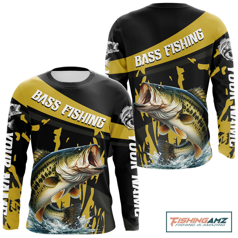 Custom Largemouth Bass Fishing Jerseys, Largemouth Bass Fishing Shirts Long Sleeve For Men|Yellow NHT728
