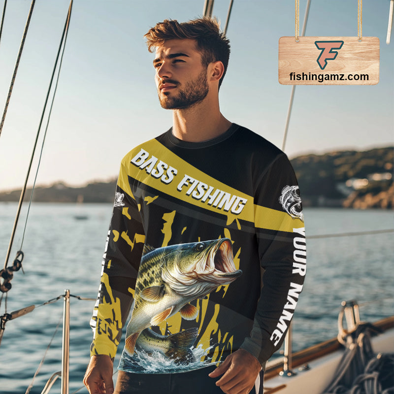 Custom Largemouth Bass Fishing Jerseys, Largemouth Bass Fishing Shirts Long Sleeve For Men|Yellow NHT728