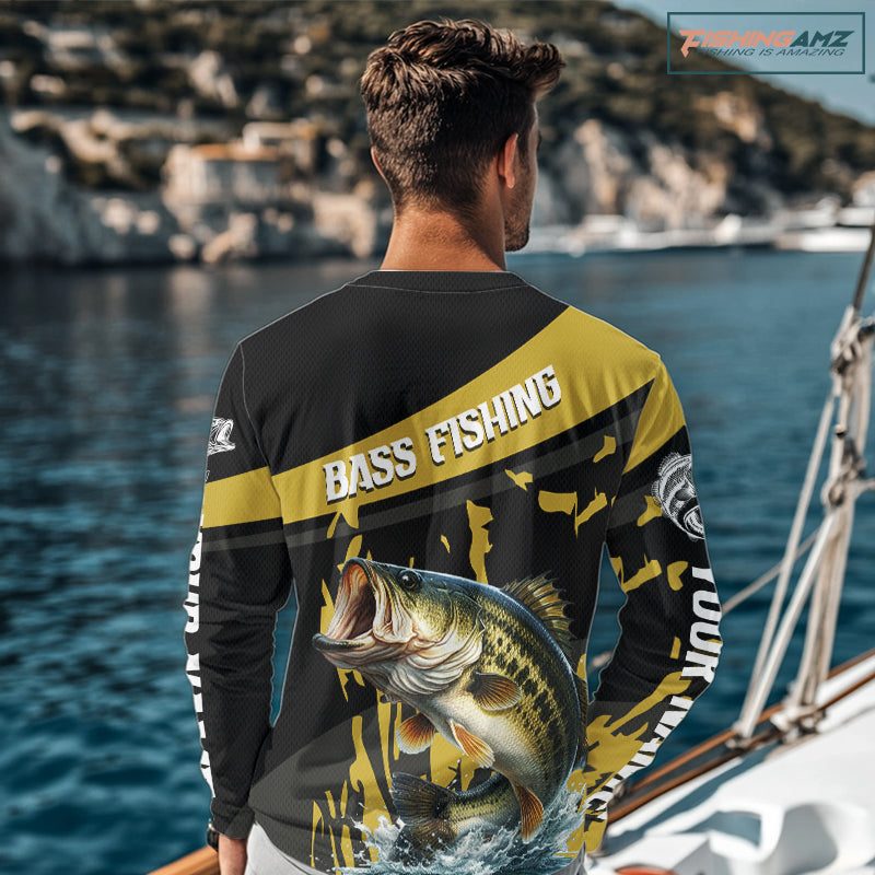 Custom Largemouth Bass Fishing Jerseys, Largemouth Bass Fishing Shirts Long Sleeve For Men|Yellow NHT728