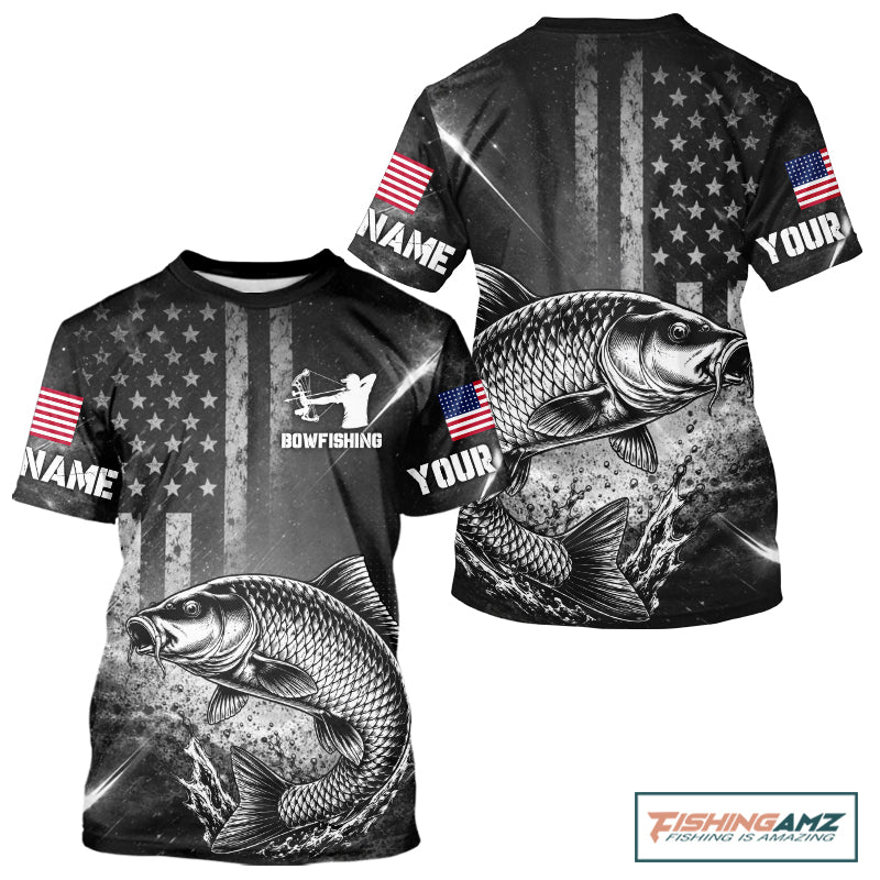 American Flag Bowfishing Shirt With Carp Design, Fishing Shirts Short Sleeve For Men NHT1369