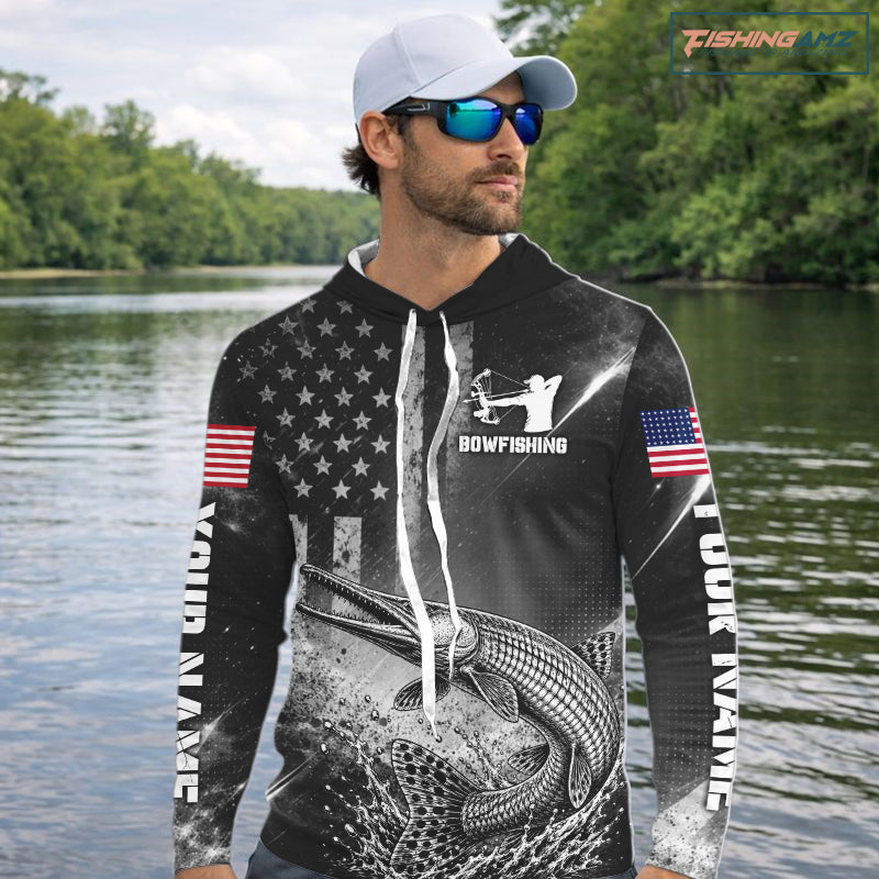 American Flag Bowfishing Shirt With Alligator Gar Design, Fishing Shirts Hooded Long Sleeve For Men NHT1370