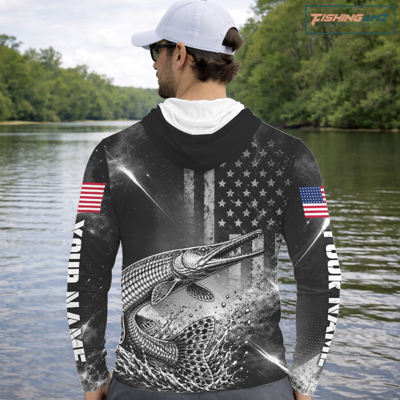 American Flag Bowfishing Shirt With Alligator Gar Design, Fishing Shirts Hooded Long Sleeve For Men NHT1370