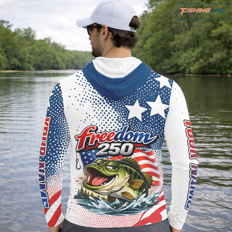 Funny Bass Fishing Shirts Long Sleeve Hooded UPF Freedom 250 American Flag, Fishing Gift NHT408