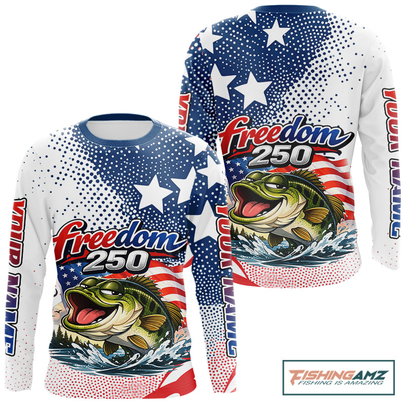 Funny Bass Fishing Shirts Long Sleeve Freedom 250 American Flag, Fishing Gift NHT408