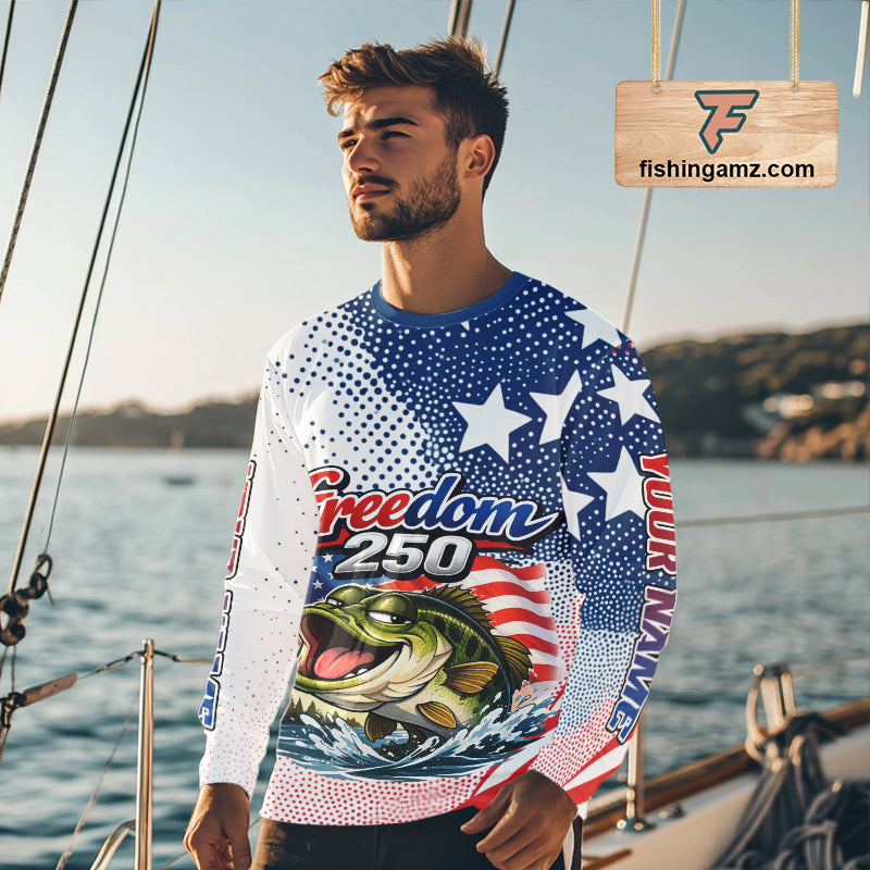 Funny Bass Fishing Shirts Long Sleeve Freedom 250 American Flag, Fishing Gift NHT408