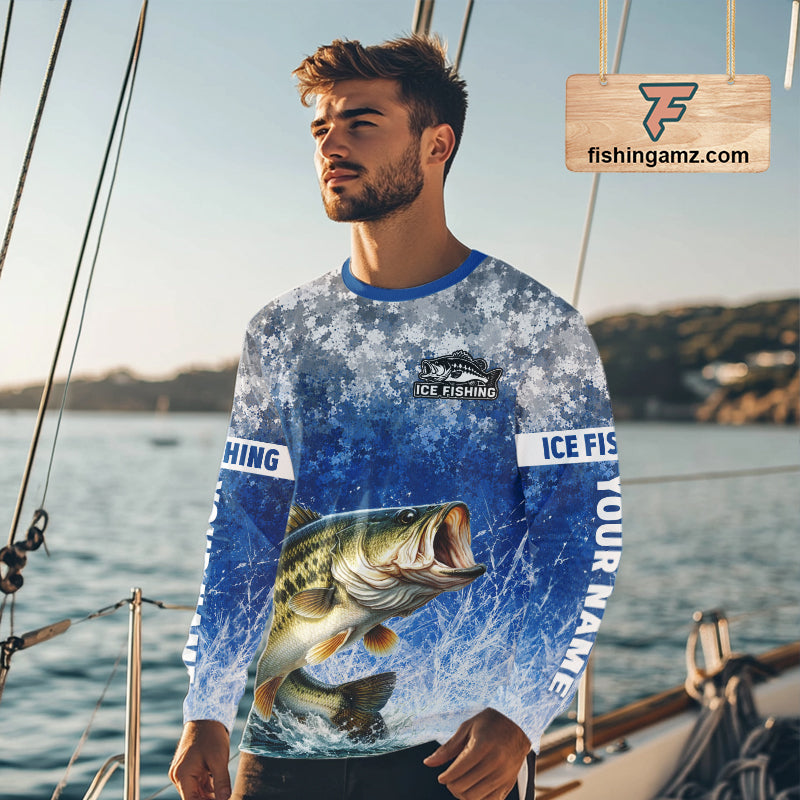 Ice Fishing Shirt With Largemouth Bass & Winter Camo Design, Fishing Shirts Long Sleeve For Men NHT1373