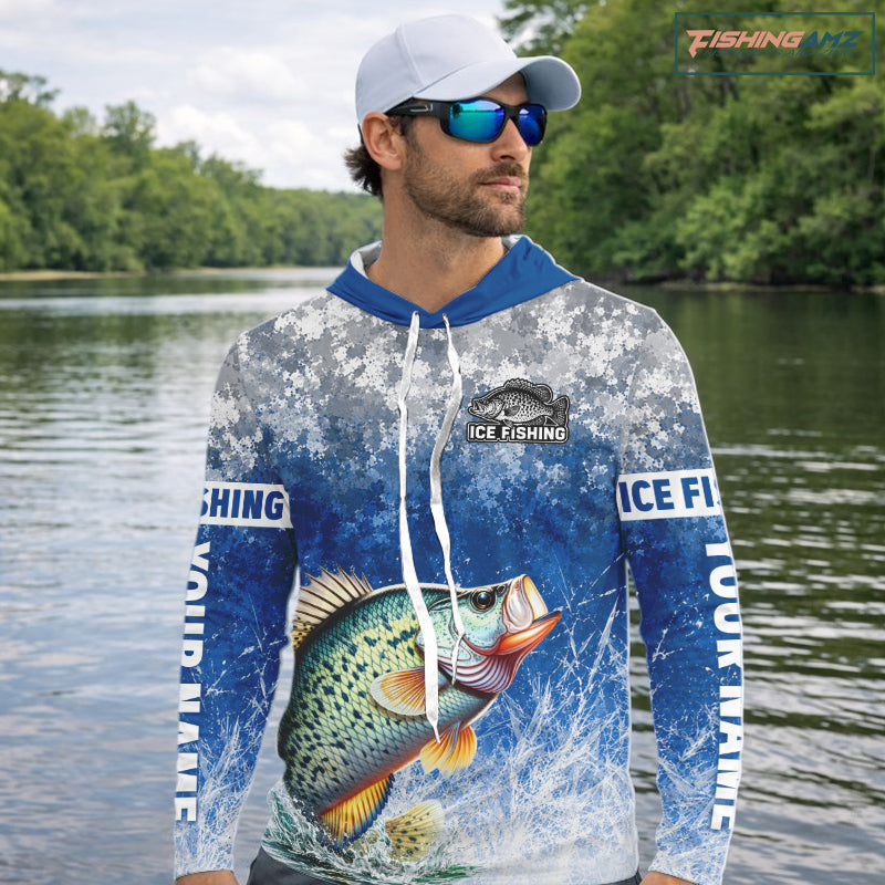 Ice Fishing Shirt With Crappie & Winter Camo Design, Fishing Shirts Hooded Long Sleeve For Men NHT1374