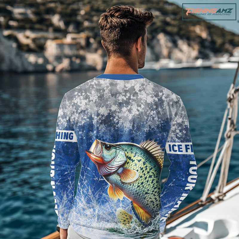 Ice Fishing Shirt With Crappie & Winter Camo Design, Fishing Shirts Long Sleeve For Men NHT1374