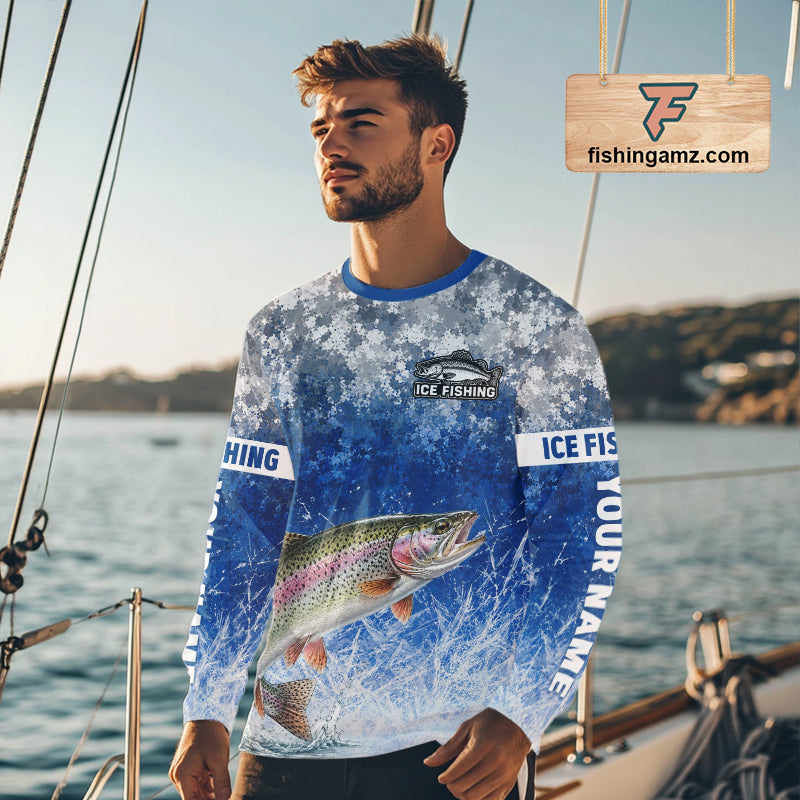 Ice Fishing Shirt With Rainbow Trout & Winter Camo Design, Fishing Shirt Long Sleeve For Men NHT1375
