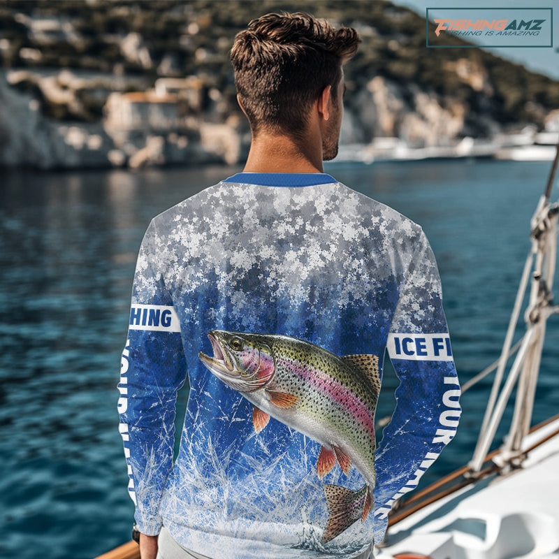 Ice Fishing Shirt With Rainbow Trout & Winter Camo Design, Fishing Shirt Long Sleeve For Men NHT1375