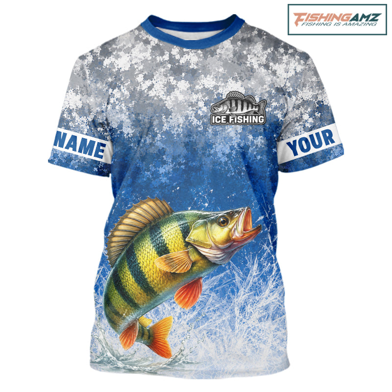 Ice Fishing Shirt With Yellow Perch & Winter Camo Design, Fishing Shirts Short Sleeve For Men NHT1376