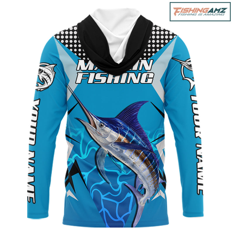 Marlin Fishing Blue Camo Custom Name Long Sleeve Hooded, Long Sleeve Fishing Shirt For Men NHT465