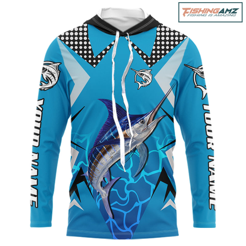 Marlin Fishing Blue Camo Custom Name Long Sleeve Hooded, Long Sleeve Fishing Shirt For Men NHT465