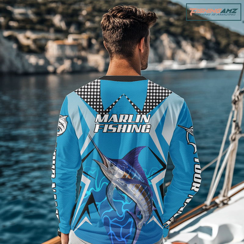 Marlin Fishing Blue Camo Custom Name Long Sleeve, Long Sleeve Fishing Shirt For Men NHT465