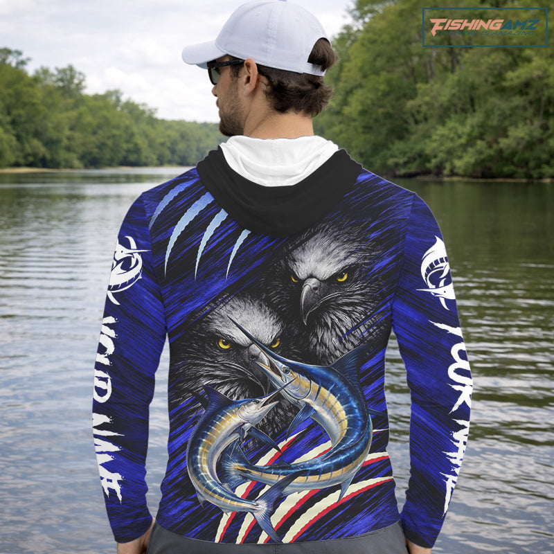 Marlin & Eagle Design Fishing Shirt Long Sleeve Hooded, Marlin Fishing Shirt For Men NHT468