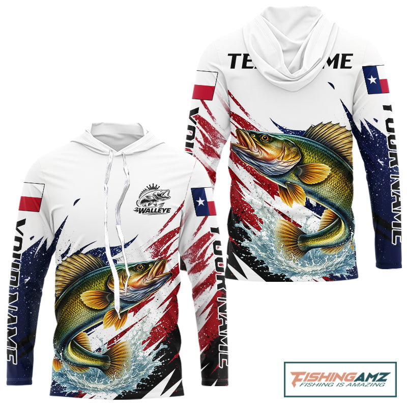 Custom Texas Flag Walleye Fishing Shirts, Texas Walleye Fishing Shirts Long Sleeve Hooded For Team