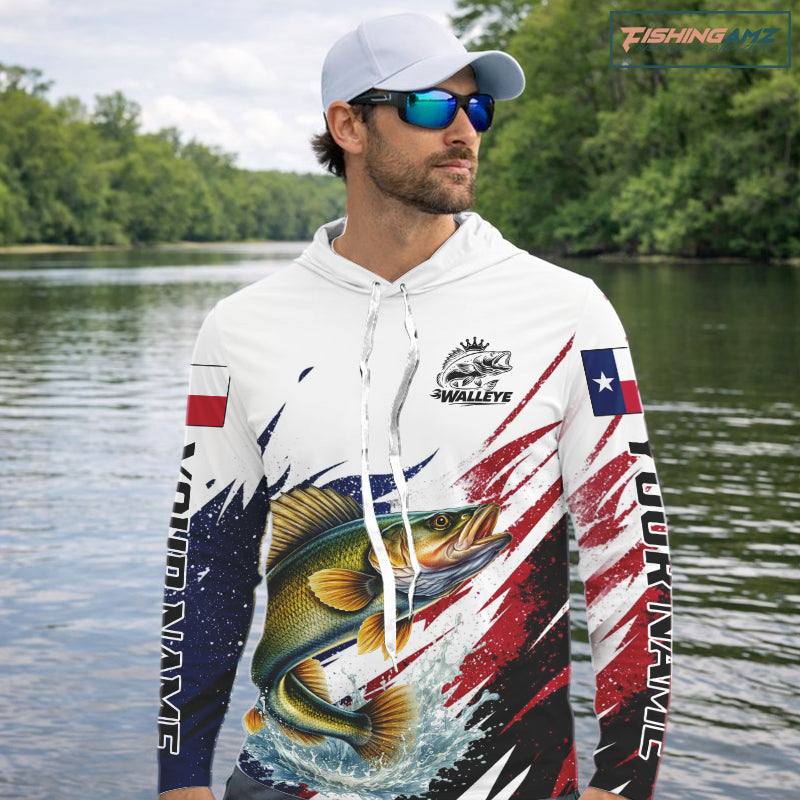 Custom Texas Flag Walleye Fishing Shirts, Texas Walleye Fishing Shirts Long Sleeve Hooded For Team