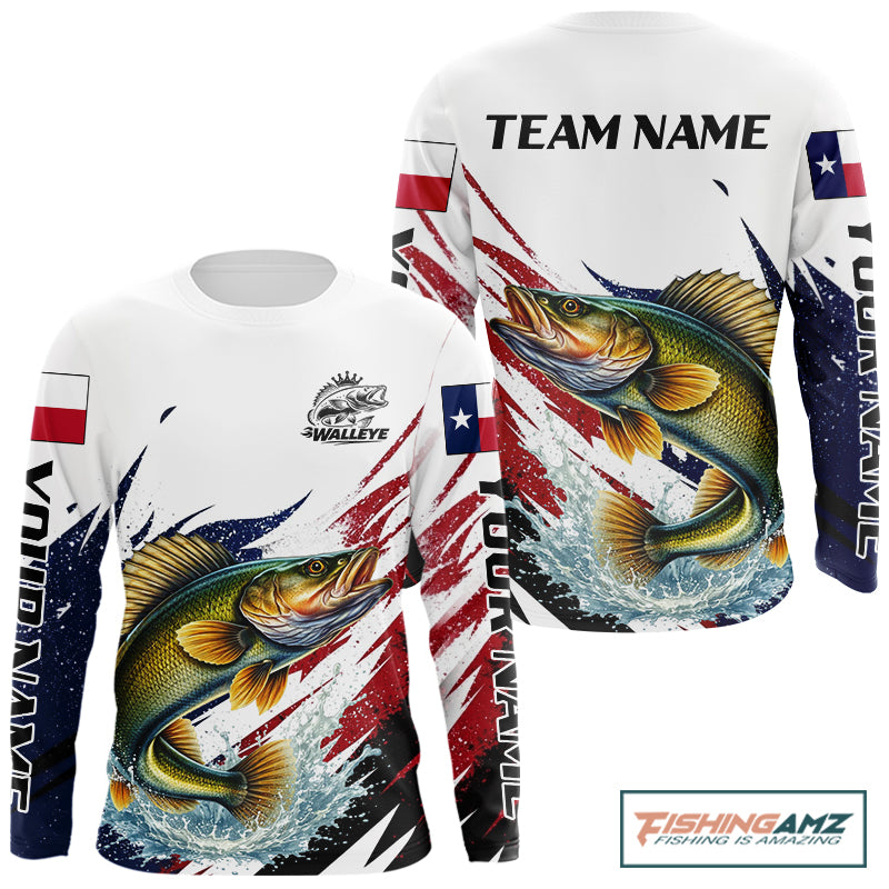 Custom Texas Flag Walleye Fishing Shirts, Texas Walleye Fishing Shirts Long Sleeve For Team