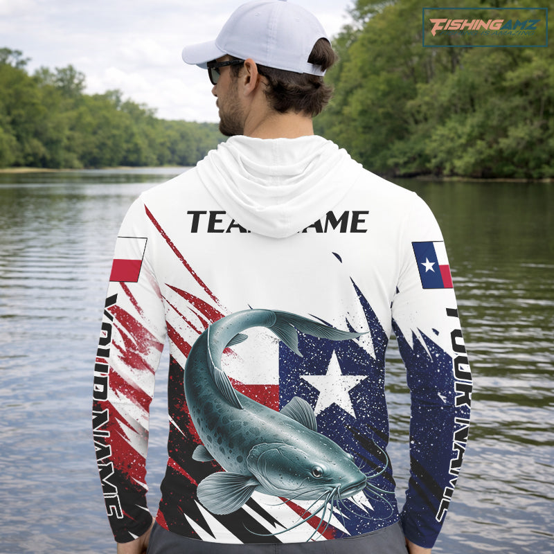Custom Texas Flag Catfish Fishing Shirts, Texas Catfish Fishing Shirts Long Sleeve Hooded Hooded For Team