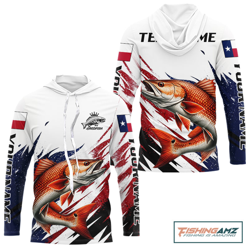 Custom Texas Flag Redfish Fishing Shirts, Texas Red Drum Fishing Shirts Long Sleeve Hooded For Team