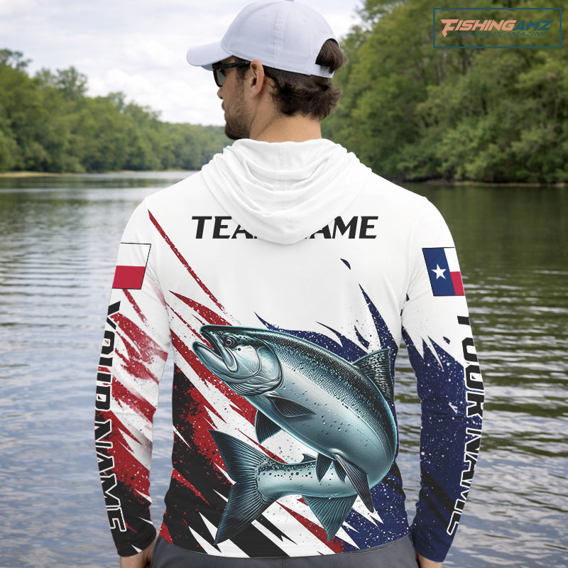 Custom Texas Flag Chinook Salmon Fishing Shirts, Texas Salmon Fishing Shirts Long Sleeve Hooded For Team