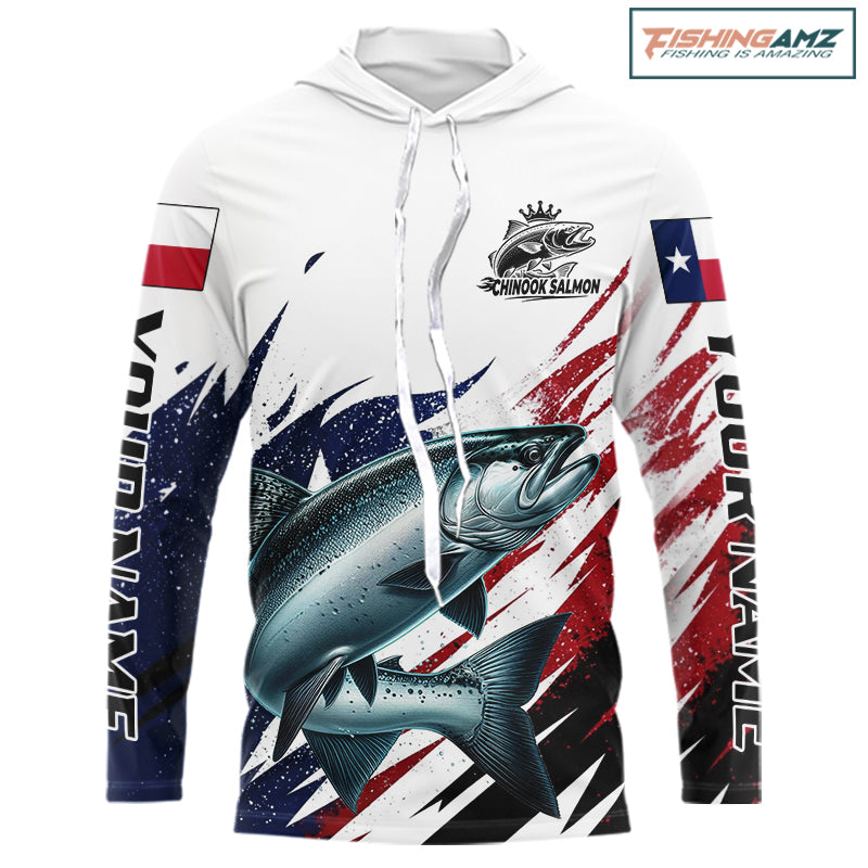 Custom Texas Flag Chinook Salmon Fishing Shirts, Texas Salmon Fishing Shirts Long Sleeve Hooded For Team